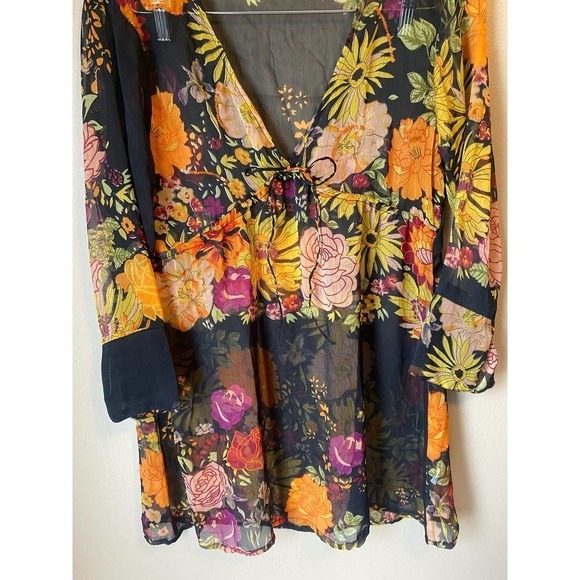 Vintage Y2K Boho Lemon Collection Floral Sheer Deep V Mini Dress Swim coverup - Picture 3 of 16